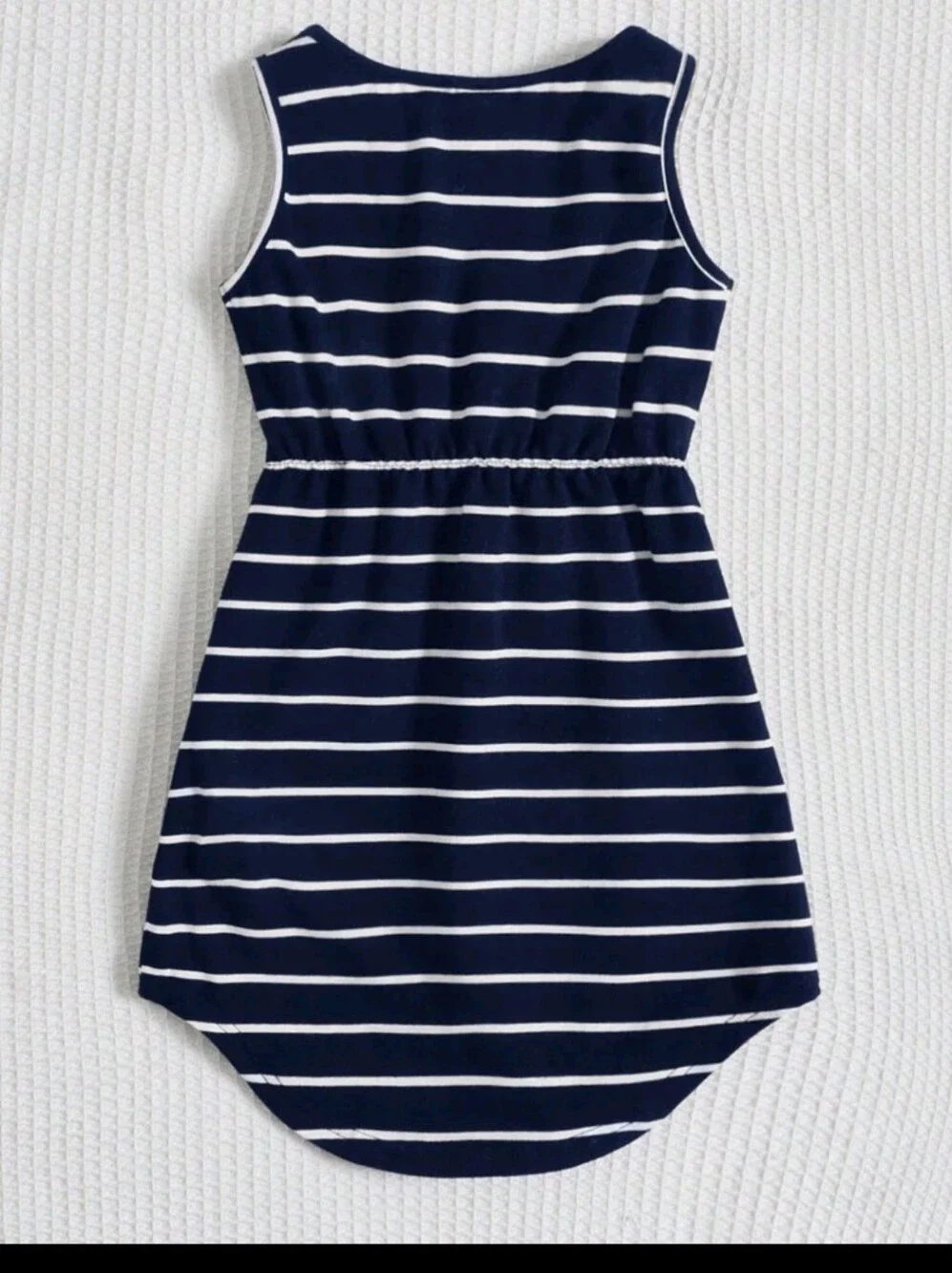 Girls Navy Striped Knot Front Curved Hem Dress (Size 7)